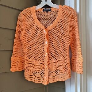 Vtg Jones New York Orange crochet Cardigan 3/4 sleeves. Stretchy Fits S-L